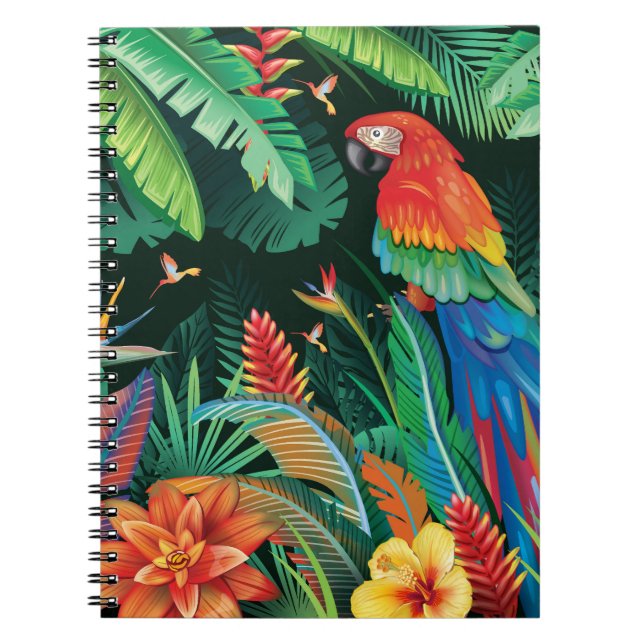 Cuaderno Loro tropical: fondo floral exótico. (Frente)