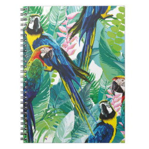 Cuaderno loros coloridos y flores exóticas