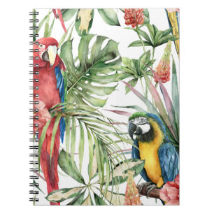 Cuaderno loros tropicales, hibiscos: patrón acuarela.