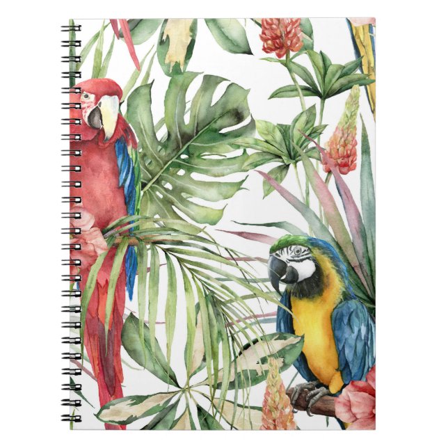 Cuaderno loros tropicales, hibiscos: patrón acuarela. (Frente)