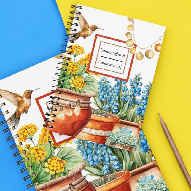 Cuaderno Los colibríes en el jardín | Flores de plantas art (Hummingbird with terracotta pots and plants and flowers on a gratitude journal you customize.)