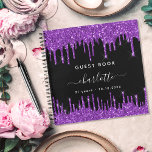 Cuaderno Lotes de purpurina morado negro de cumpleaños del<br><div class="desc">Un libro de invitados para una fiesta de cumpleaños glamurosa y femenina de 21 años (o de cualquier edad). Un elegante fondo negro morado con goteos en purpurina dorado, pinturas de goteo. Añade tu nombre, edad 21/texto. El nombre se escribe con un guión de estilo con letras a mano con...</div>