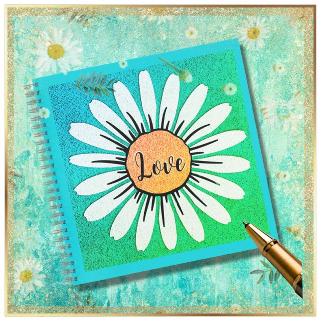 Cuaderno LOVE Cute Daisy Flower (Pretty Blue White Daisy Love 8.5 inch Square Spiral Notebook Sketchbook )