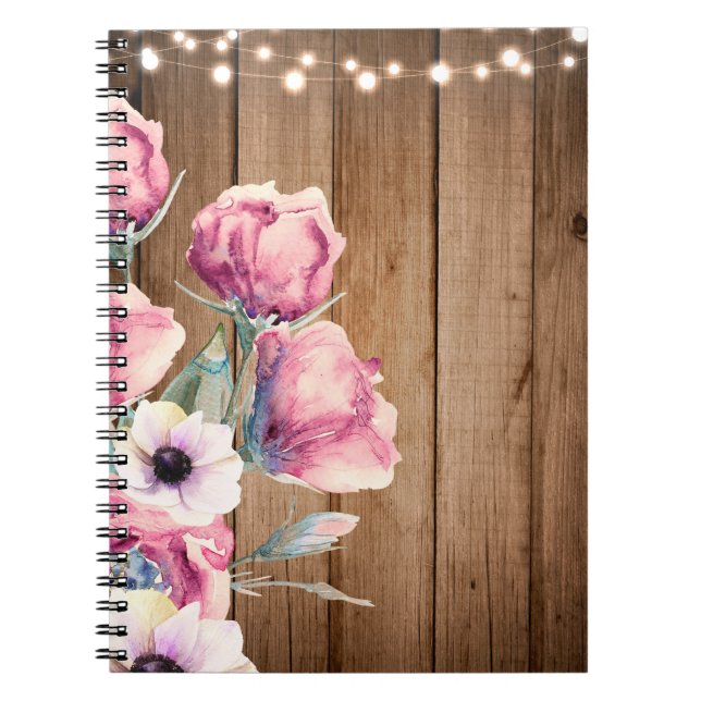 Cuaderno Luces de Cadena y Flores Campestres Madera Rústica (Frente)
