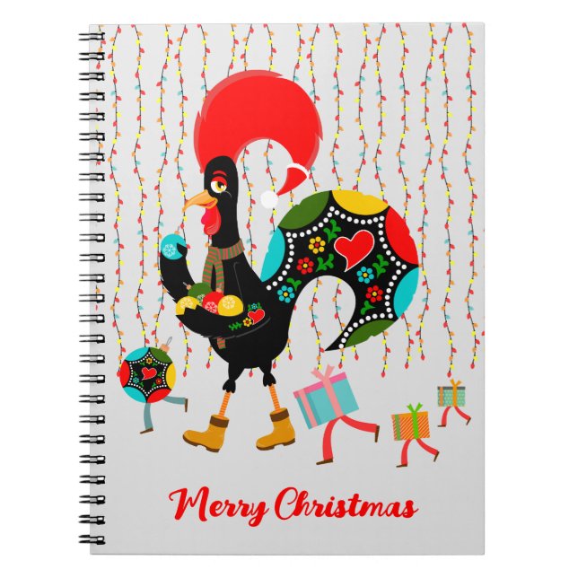 Cuaderno Luces de navidad, baubles, regalos y Rooster (Frente)