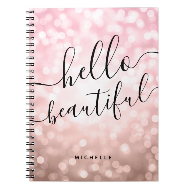 Cuaderno Luces de oro Rosa personalizadas "Hello Beautiful" (Frente)