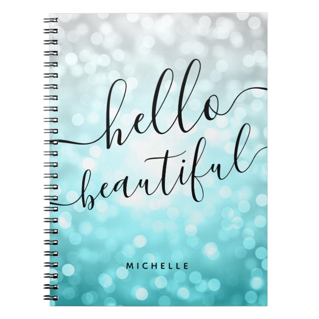 Cuaderno Luces plateadas Verde azuladas de Ombre "Hello Bea (Frente)