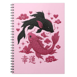 Cuaderno Lucky Koi Yin-Yang Bordado | Estética Negra y Rosa