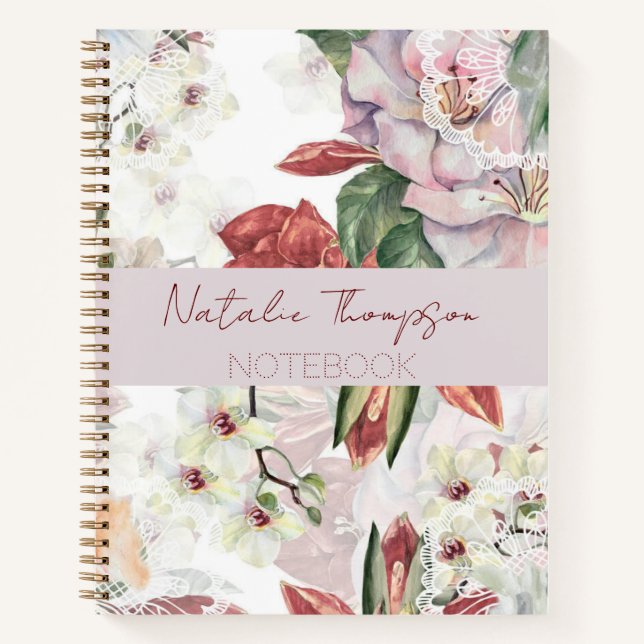 Cuaderno Lujo burgundy monogramado nombre orquídea floral (Anverso)