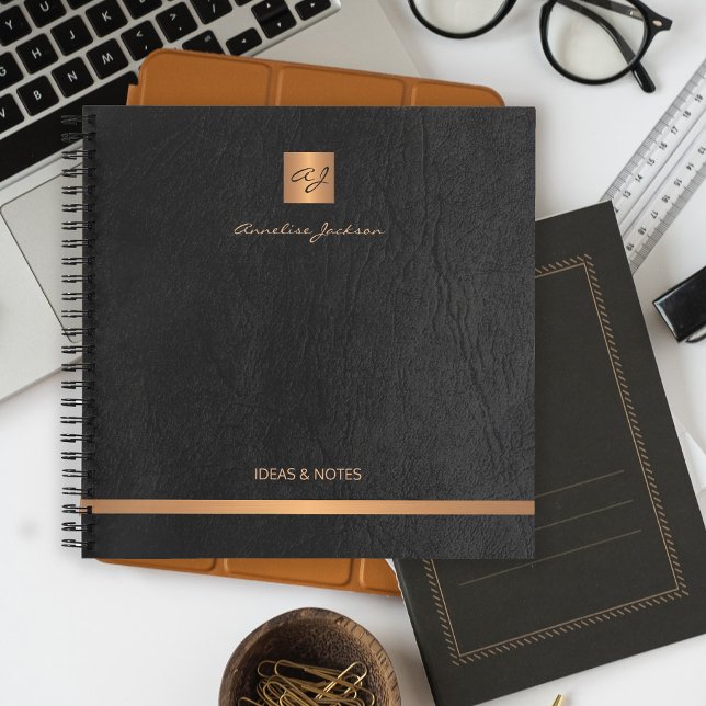 Cuaderno Lujo elegante oro de cuero negro monogramado (Subido por el creador)