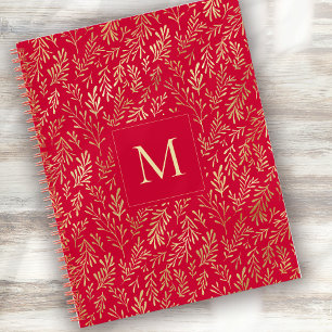 Cuaderno Lujo Monograma Patrón de Hoja Roja Dorada Festiva