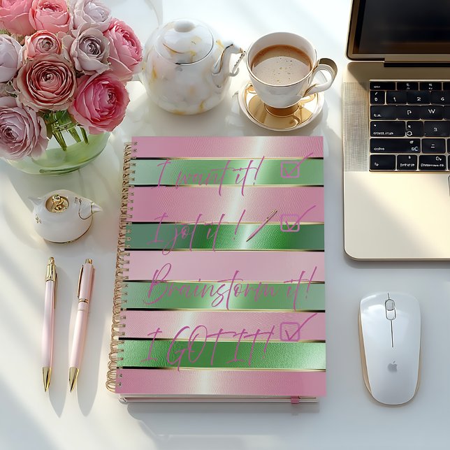 Cuaderno Lujo Motivacional Rosa y Verde Rayado  (Stylish Pink and Green Striped Notebook Journal-Glossy Soft Cover Shown also available in Hard Matte)
