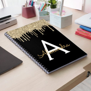 Cuaderno Lujo Negro Brillante Glitter Glam Monograma Nombre