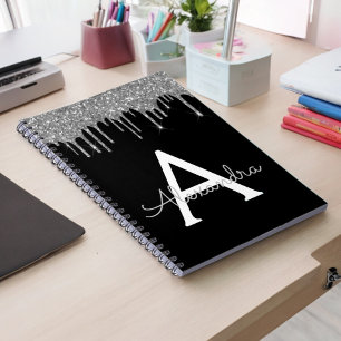 Cuaderno Lujo Negro Plata Brillo Glam Monograma Nombre