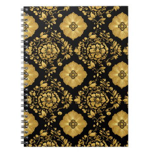 Cuaderno Lujo Patrón de Damasco Floral Dorado sobre Negro