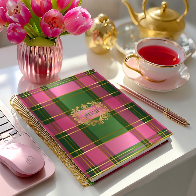 Cuaderno Lujo Ricas Plaid Cresta Monograma Rosa Verde (Post Preppy Pink and Green Personal Journal )