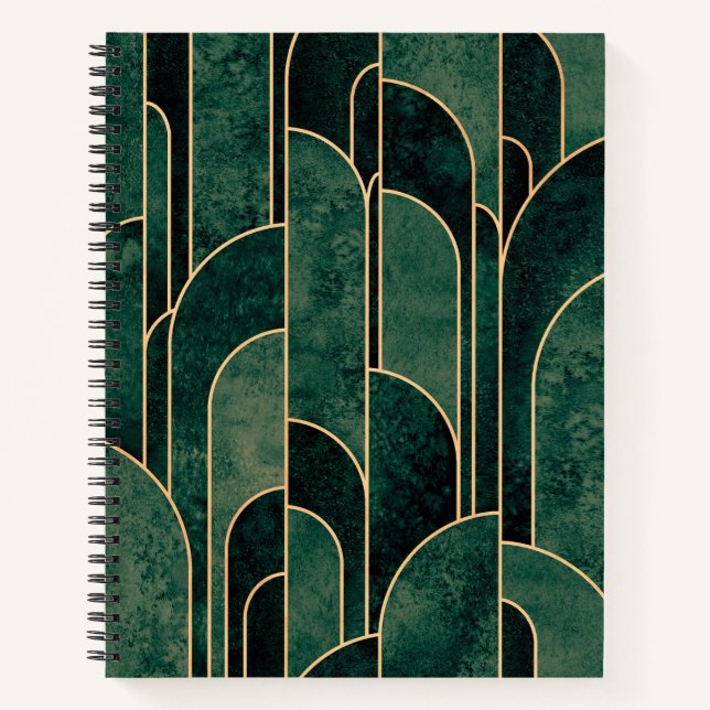 Cuaderno Lujoso patrón Art Deco Verde y Oro (Anverso)