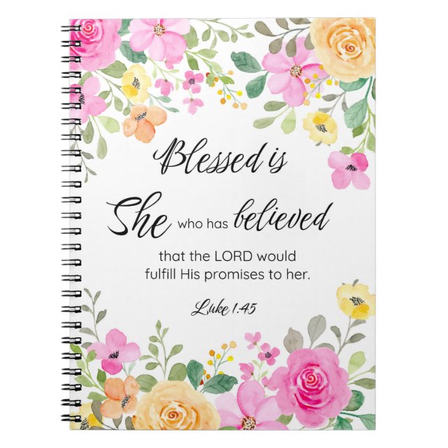 Cuaderno Luke 1:45 bendecida es ella, floral de las escritu (Frente)