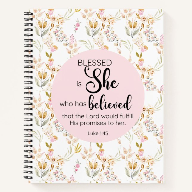 Cuaderno Luke 1:45 Bendita es su floral rosa acuarela (Anverso)