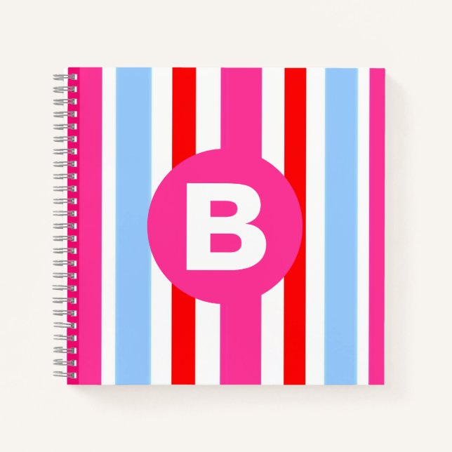 Cuaderno Luminosas Rayas de Caramelo Rosa y Azul con Monogr (Anverso)
