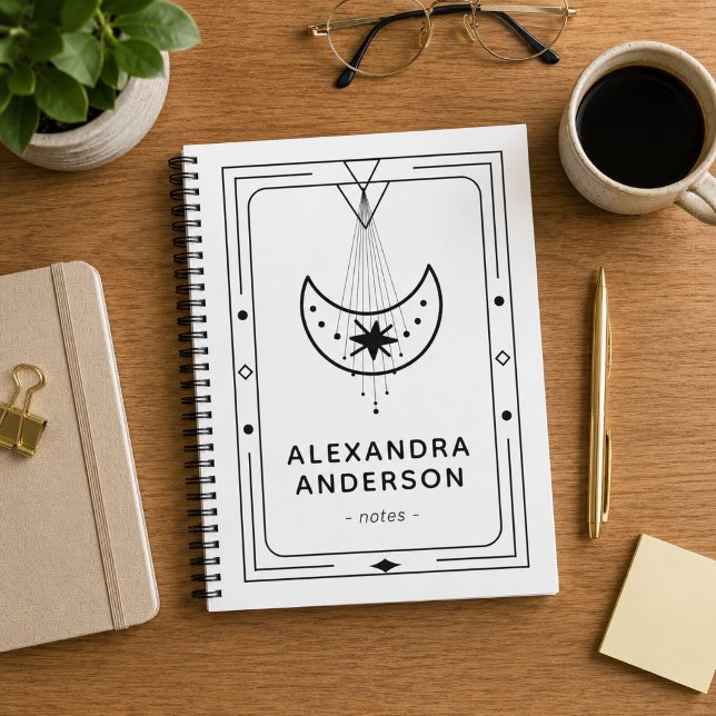 Cuaderno Luna Creciente Celestial Enmarcada Geométrica Blan (Geometric Framed Celestial Crescent Moon White Notebook)