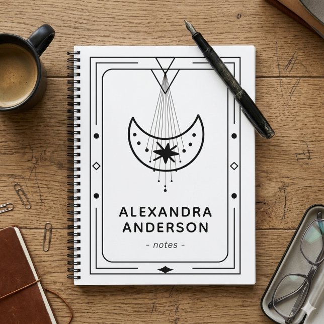 Cuaderno Luna Creciente Celestial Enmarcada Geométrica Blan (Geometric Framed Celestial Crescent Moon White Notebook)