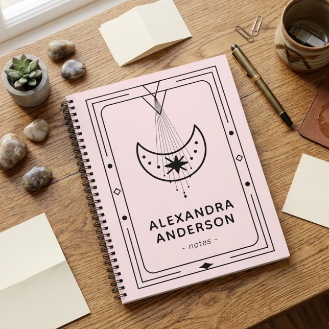 Cuaderno Luna Creciente Celestial Geométrica Rosa (Geometric Celestial Crescent Moon Pink Notebook)