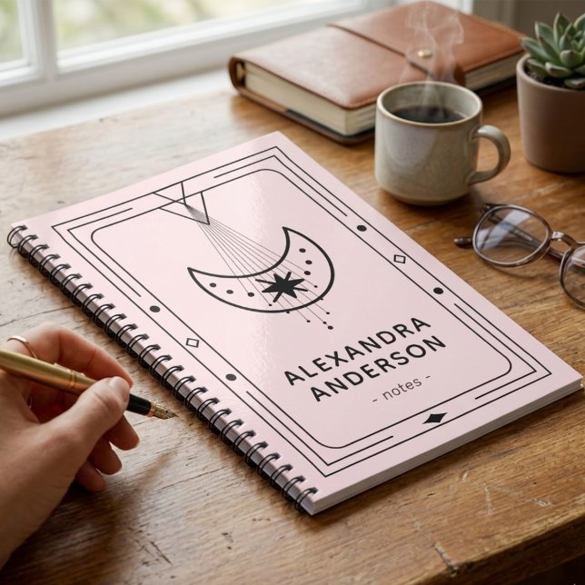Cuaderno Luna Creciente Estelar Celestial con Marco Rosa (Geometric Celestial Crescent Moon Pink Notebook)