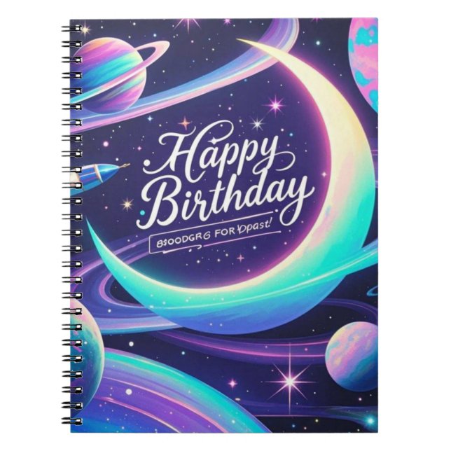 Cuaderno Luna creciente, estrellas, planetas con temática g (Frente)
