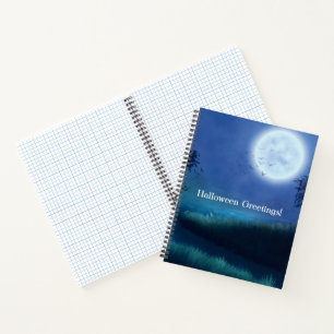Cuaderno Luna de Halloween de noche en tonos azules y verde