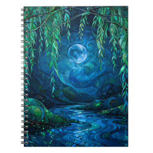 Cuaderno Luna de Sauce Sauce Fluyendo Río Verde Azul Noche
