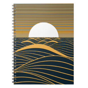 Cuaderno Luna de sol estilizada, ilustracion de mar oscuro.