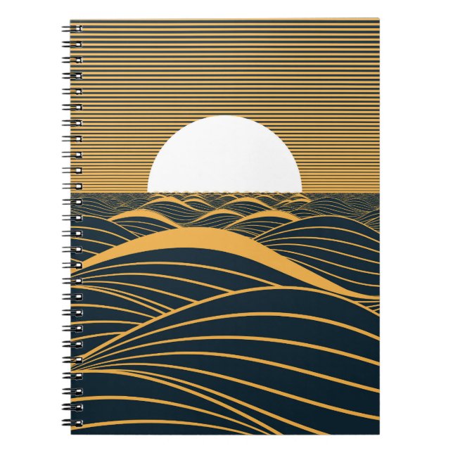 Cuaderno Luna de sol estilizada, ilustracion de mar oscuro. (Frente)