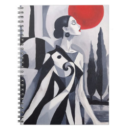Cuaderno Luna Escarlata: Mujer Estilizada en Paisaje Monocr