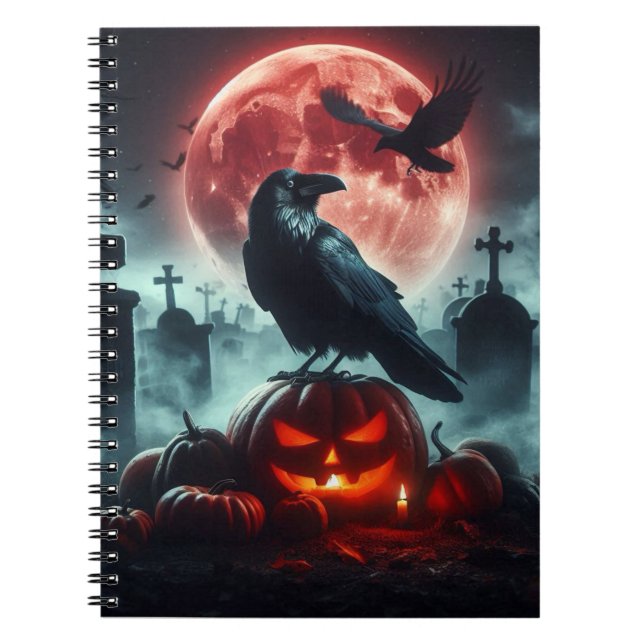Cuaderno Luna llena, cementerio, cuervos sentados en una ca (Frente)