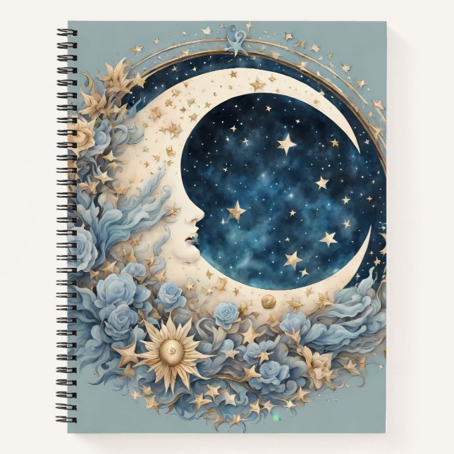 CUADERNO LUNA Y FLORES CELESTIALES CREMA Y AZUL (Anverso)