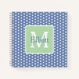 Cuaderno Lunares Azules y Blancos Con Monograma Verde