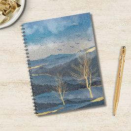 Cuaderno Luxe Blue Gold Mountains Trees Birds Sky Landscape