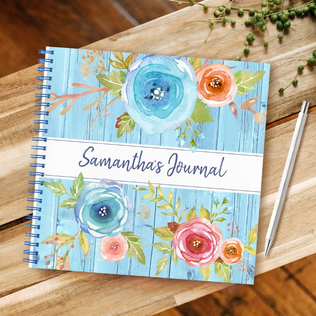 Cuaderno Madera azul rústica acuarela floral personalizado  (Subido por el creador)
