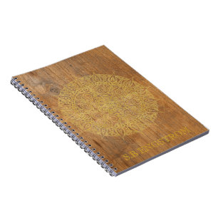 CUADERNO MADERA RÚSTICA CON MANDALA DE ORO - NOMBRE