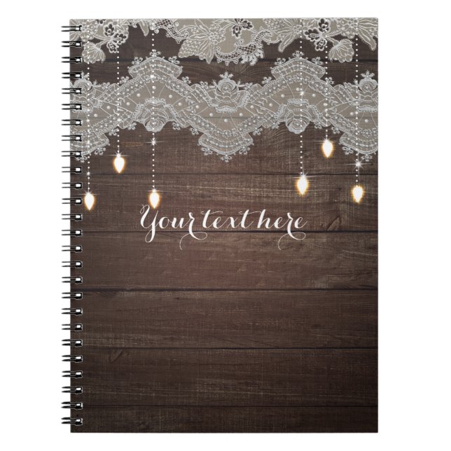 Cuaderno Madera Rústica & Encaje Vintage & Luces Elegante (Frente)