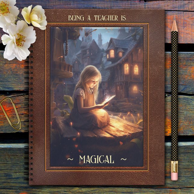 Cuaderno Maestra de lectura de arte mágico (Teacher notebook featuring a fine art design with a girl reading a book in a magical environment.)