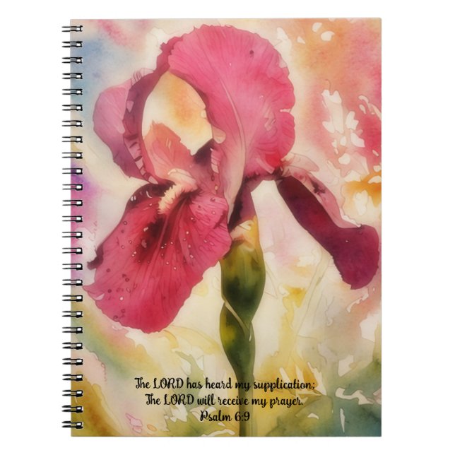 Cuaderno Magenta Pink Iris Flower Art Bible Verse Prayer (Frente)