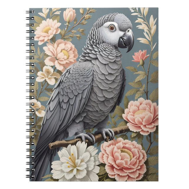Cuaderno Magnífico Loro Gris Africano Con Elegantes Florale (Frente)