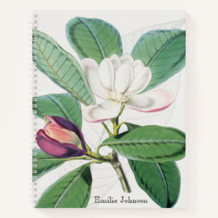 Cuaderno Magnolia blanca acuarela y hojas verdes Monograma