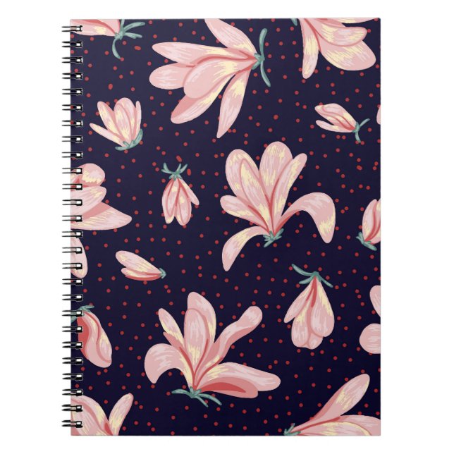 Cuaderno Magnolias florecientes, patrón de cosecha a mano. (Frente)