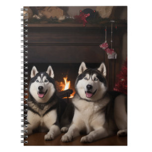 Cuaderno Malamute de Alaska junto a la chimenea de Navidad