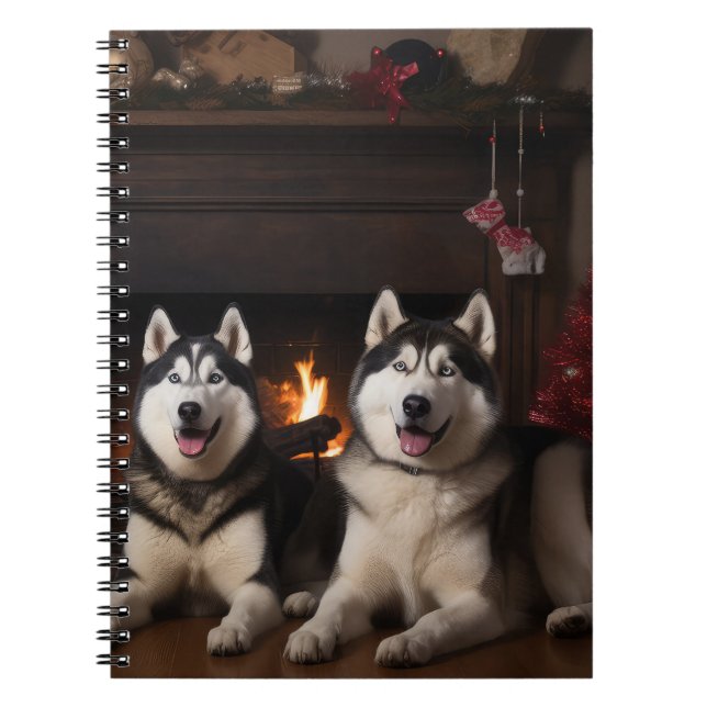 Cuaderno Malamute de Alaska junto a la chimenea de Navidad (Frente)