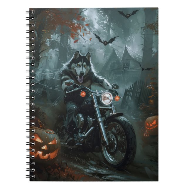 Cuaderno Malamute de Alaska montando motocicleta Halloween  (Frente)