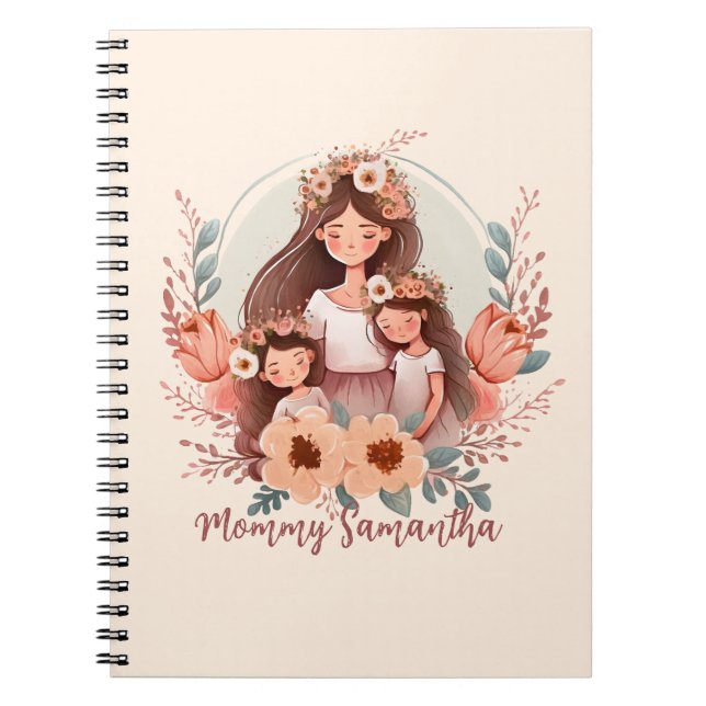 Cuaderno Mamá y dos hijas en marco floral (Frente)